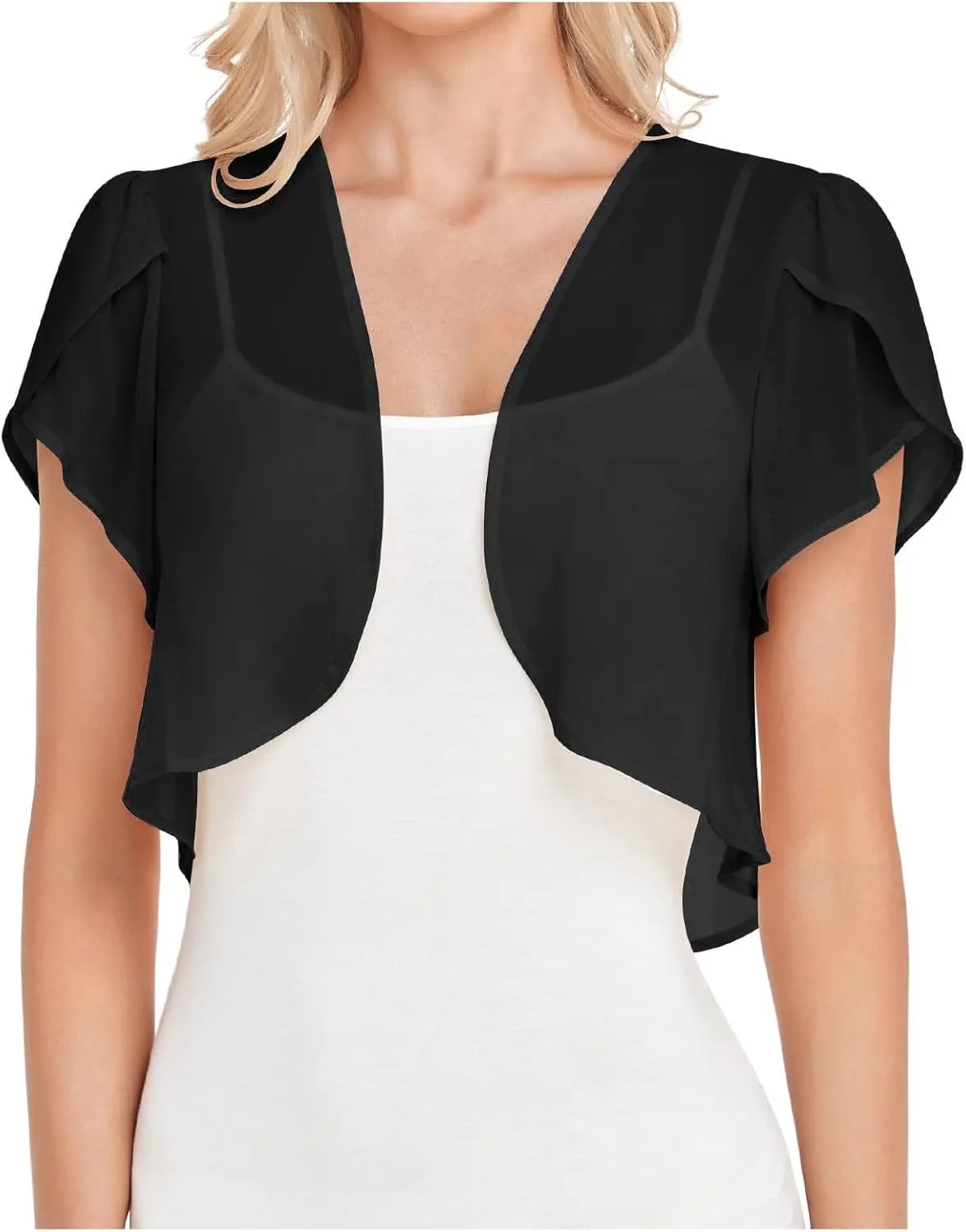 Womens Shrugs Chiffon Cardigans Open Front Sheer Mesh Petal Short Sleeve Bolero Shrug for Evening Dressy