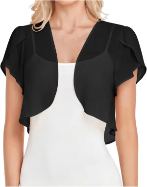 Womens Shrugs Chiffon Cardigans Open Front Sheer Mesh Petal Short Sleeve Bolero Shrug for Evening Dressy