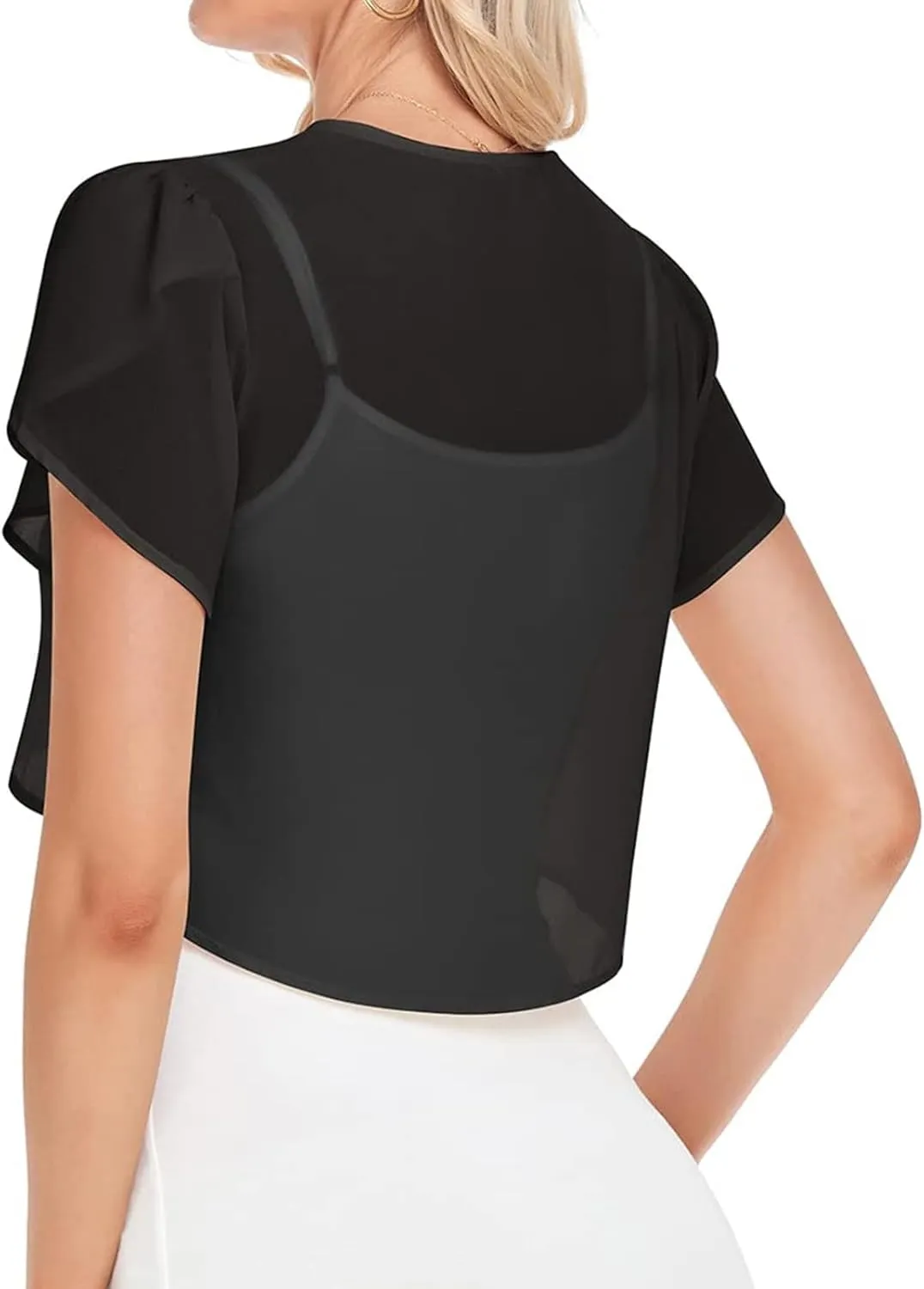 Womens Shrugs Chiffon Cardigans Open Front Sheer Mesh Petal Short Sleeve Bolero Shrug for Evening Dressy
