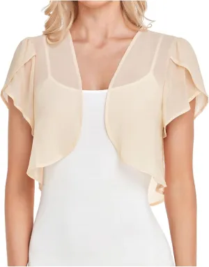Womens Shrugs Chiffon Cardigans Open Front Sheer Mesh Petal Short Sleeve Bolero Shrug for Evening Dressy
