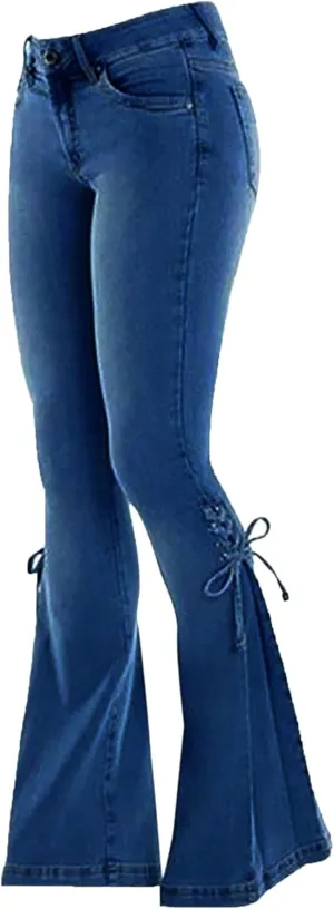 Womens Side Lacing Bell Bottom Jeans Stretch Butt Lifting Vintage Washed Jeans Skinny Flare Pants