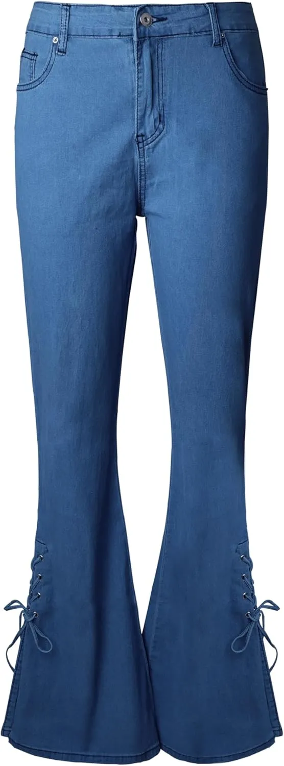Womens Side Lacing Bell Bottom Jeans Stretch Butt Lifting Vintage Washed Jeans Skinny Flare Pants