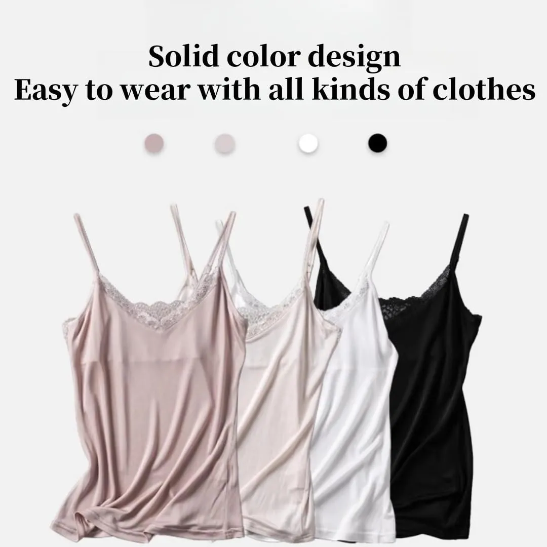 Womens Silk Camisole Tank Top - V-Neck Lace Trim Adjustable Straps,Loose Fit Beach Vacation Outfits Shirt