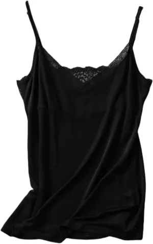 Womens Silk Camisole Tank Top - V-Neck Lace Trim Adjustable Straps,Loose Fit Beach Vacation Outfits Shirt