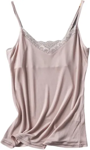 Womens Silk Camisole Tank Top - V-Neck Lace Trim Adjustable Straps,Loose Fit Beach Vacation Outfits Shirt