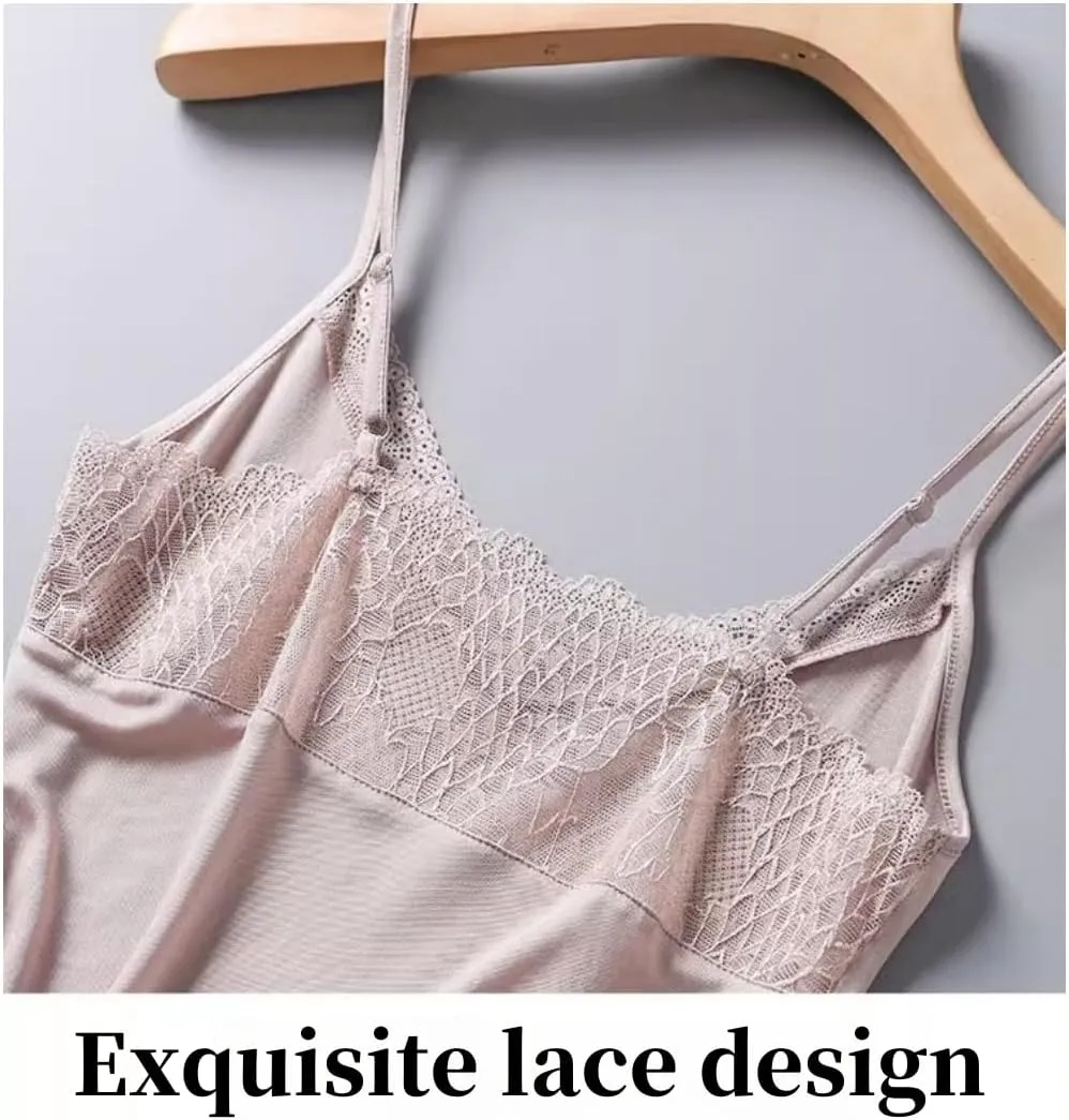 Womens Silk Camisole Tank Top - V-Neck Lace Trim Adjustable Straps,Loose Fit Beach Vacation Outfits Shirt