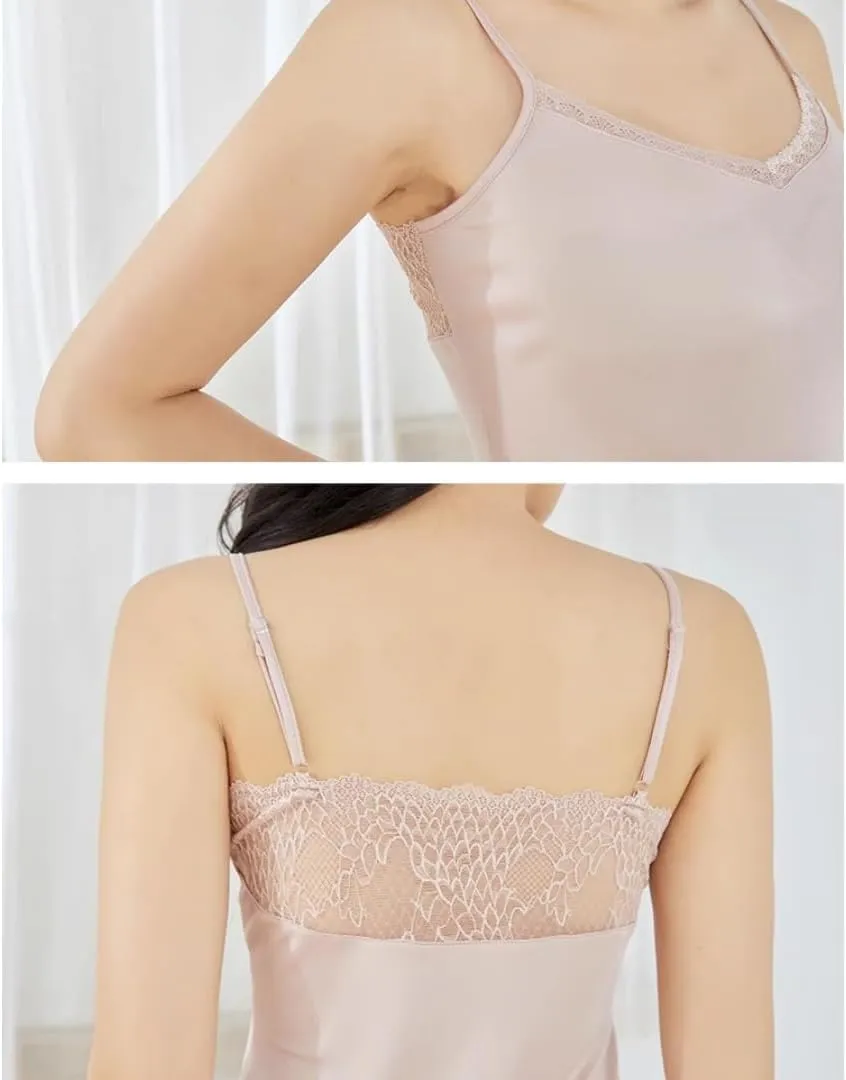 Womens Silk Camisole Tank Top - V-Neck Lace Trim Adjustable Straps,Loose Fit Beach Vacation Outfits Shirt