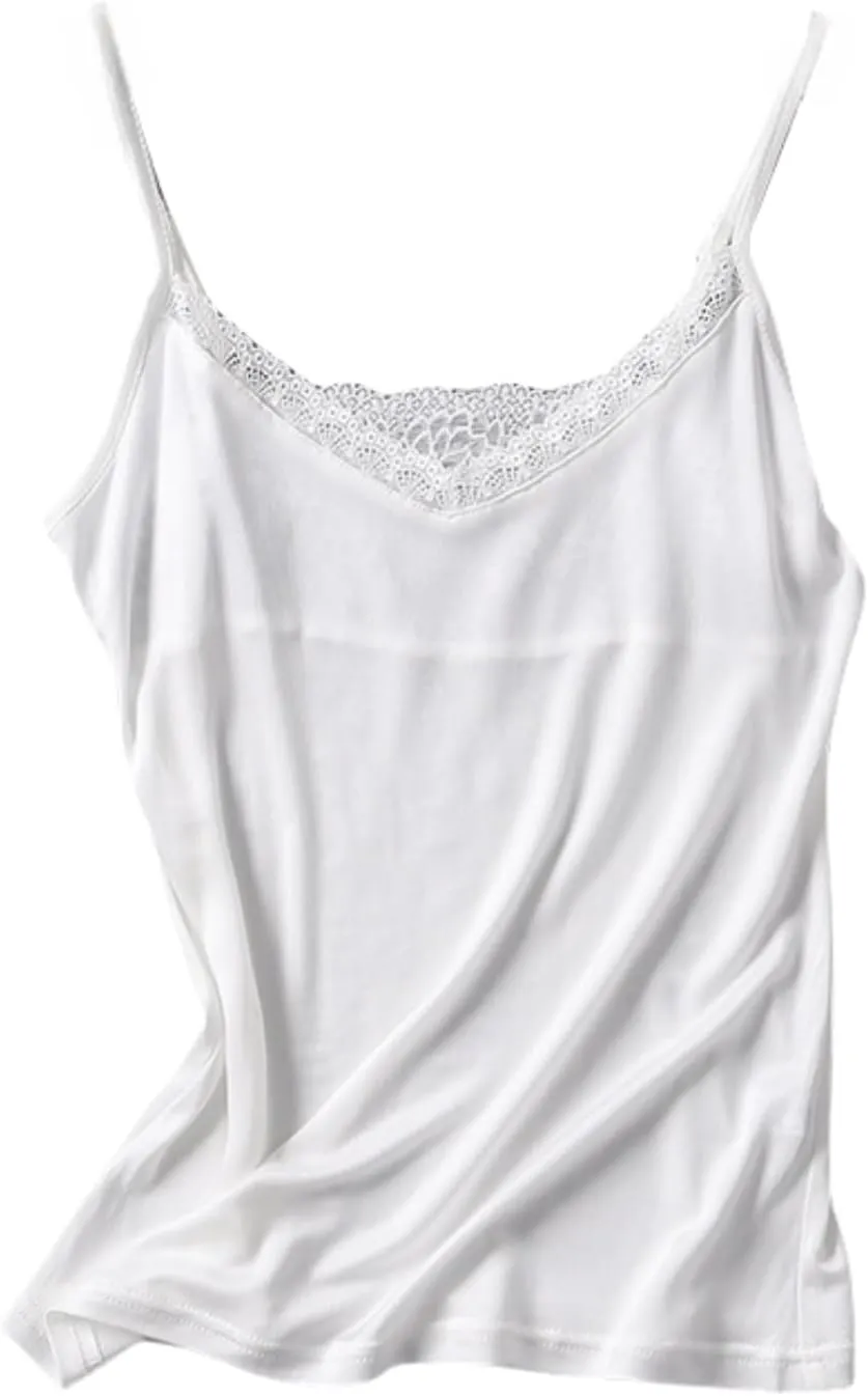 Womens Silk Camisole Tank Top - V-Neck Lace Trim Adjustable Straps,Loose Fit Beach Vacation Outfits Shirt