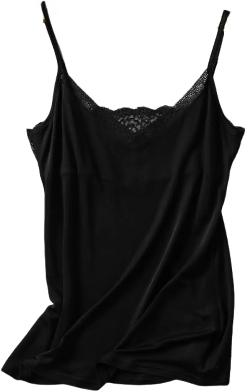 Womens Silk Camisole Tank Top - V-Neck Lace Trim Adjustable Straps,Loose Fit Beach Vacation Outfits Shirt