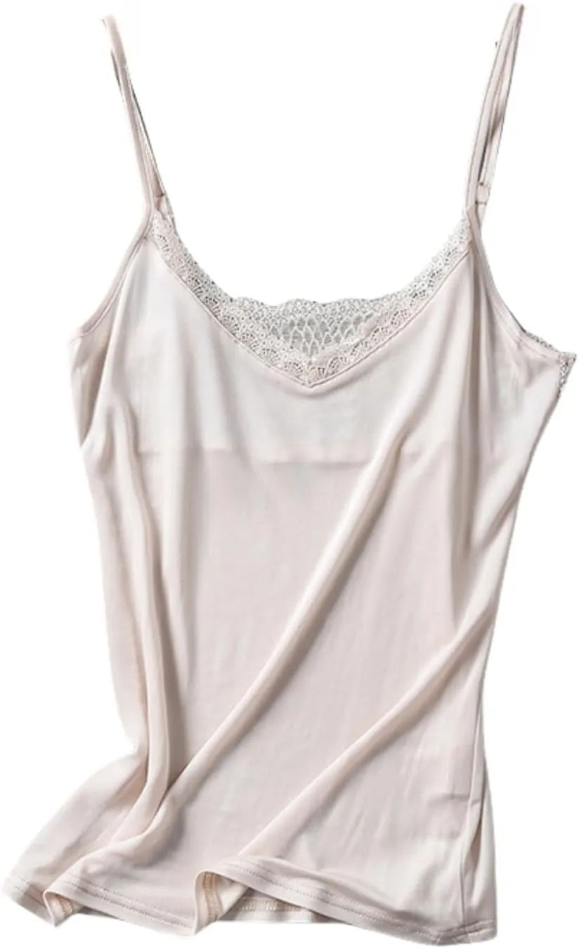 Womens Silk Camisole Tank Top - V-Neck Lace Trim Adjustable Straps,Loose Fit Beach Vacation Outfits Shirt