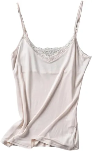 Womens Silk Camisole Tank Top - V-Neck Lace Trim Adjustable Straps,Loose Fit Beach Vacation Outfits Shirt