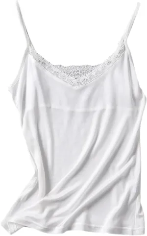 Womens Silk Camisole Tank Top - V-Neck Lace Trim Adjustable Straps,Loose Fit Beach Vacation Outfits Shirt