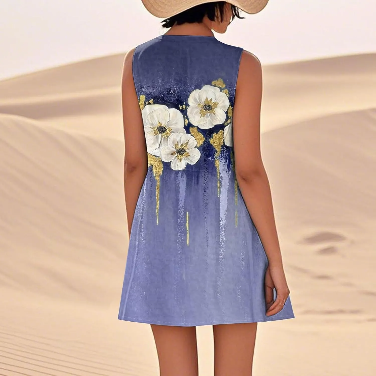 Women's Sleeveless Dresses Flowy Casual Sundress Floral Printed 2025 Summer Comfy Dress Beach Loose Dress with Pockets