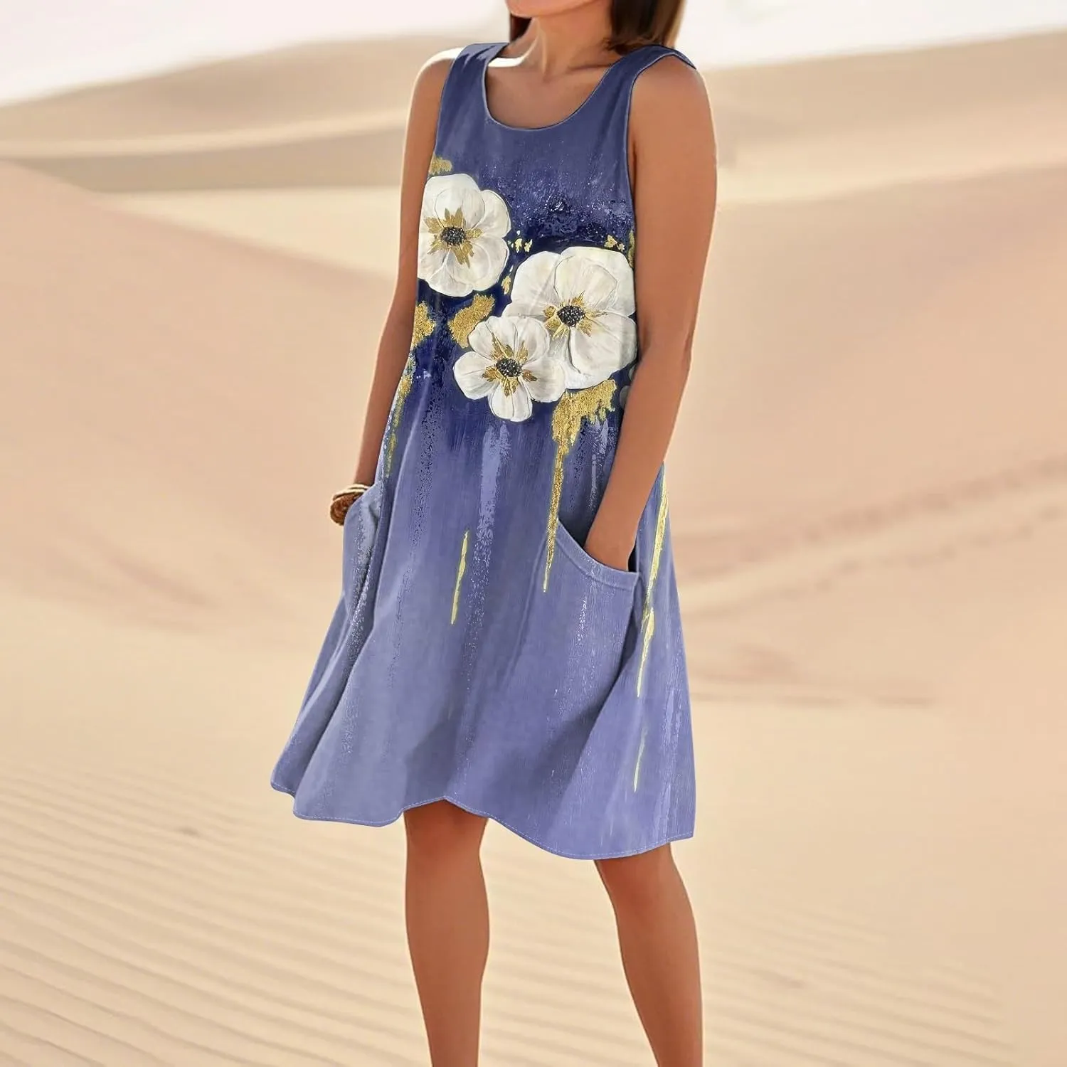 Women's Sleeveless Dresses Flowy Casual Sundress Floral Printed 2025 Summer Comfy Dress Beach Loose Dress with Pockets