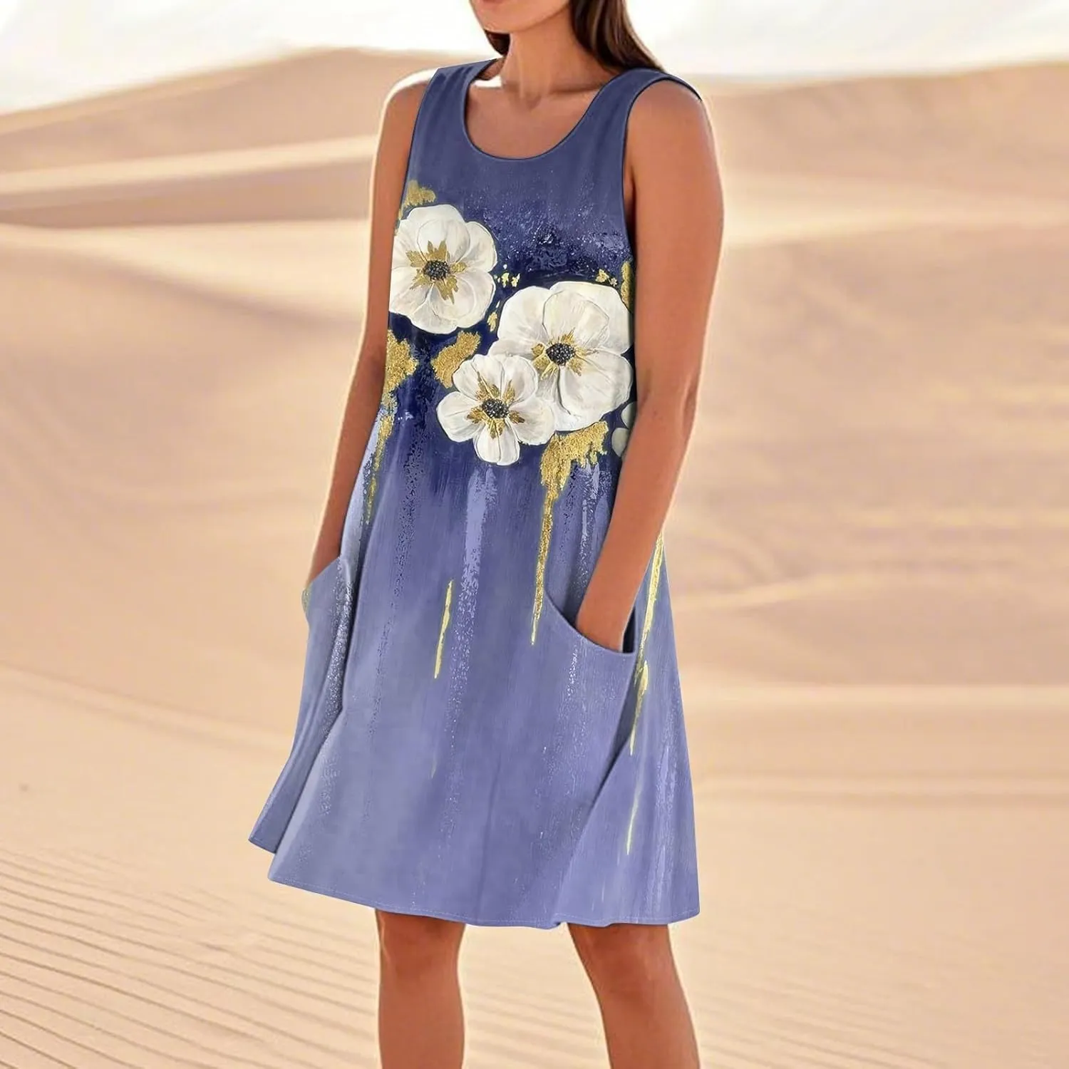 Women's Sleeveless Dresses Flowy Casual Sundress Floral Printed 2025 Summer Comfy Dress Beach Loose Dress with Pockets