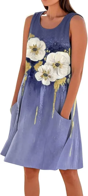 Women's Sleeveless Dresses Flowy Casual Sundress Floral Printed 2025 Summer Comfy Dress Beach Loose Dress with Pockets