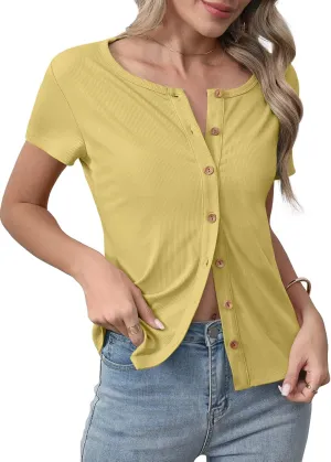 Womens Slim Fitted Cardigan Lightweight Summer Cardigans Short Sleeve Ribbed Tops Button Down Shirts