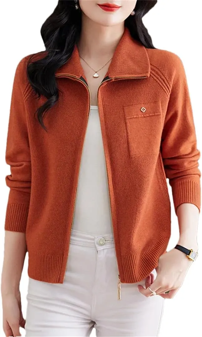 Women's Spring Autumn Zipper Lapel Knitting Sweater Cardigan Long Sleeve Elegant Loose Knitwear Jacket Tops
