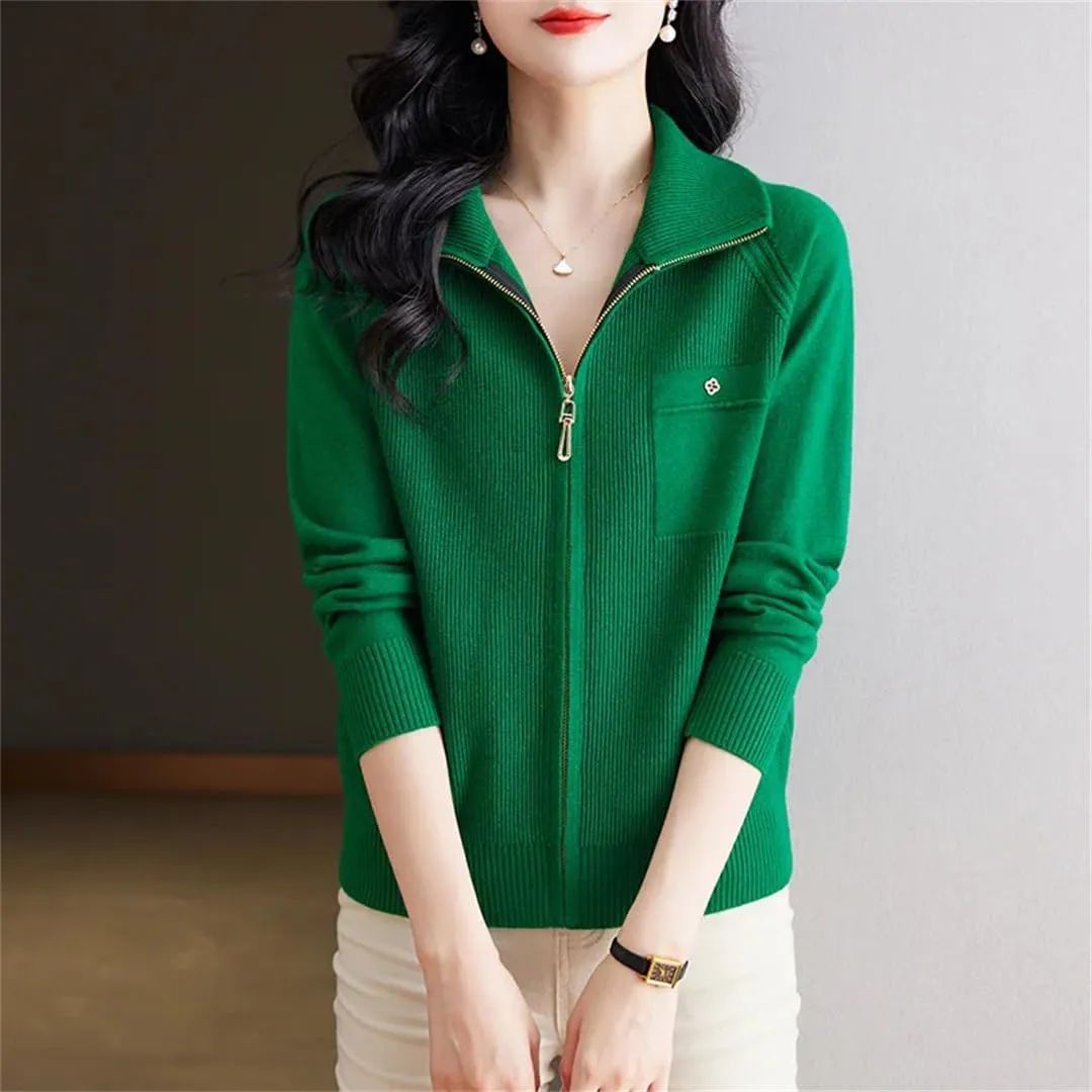 Women's Spring Autumn Zipper Lapel Knitting Sweater Cardigan Long Sleeve Elegant Loose Knitwear Jacket Tops
