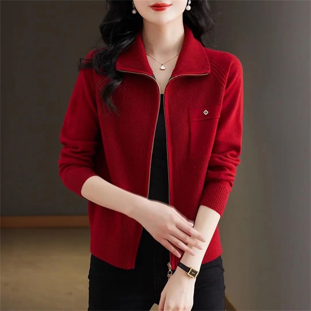 Women's Spring Autumn Zipper Lapel Knitting Sweater Cardigan Long Sleeve Elegant Loose Knitwear Jacket Tops