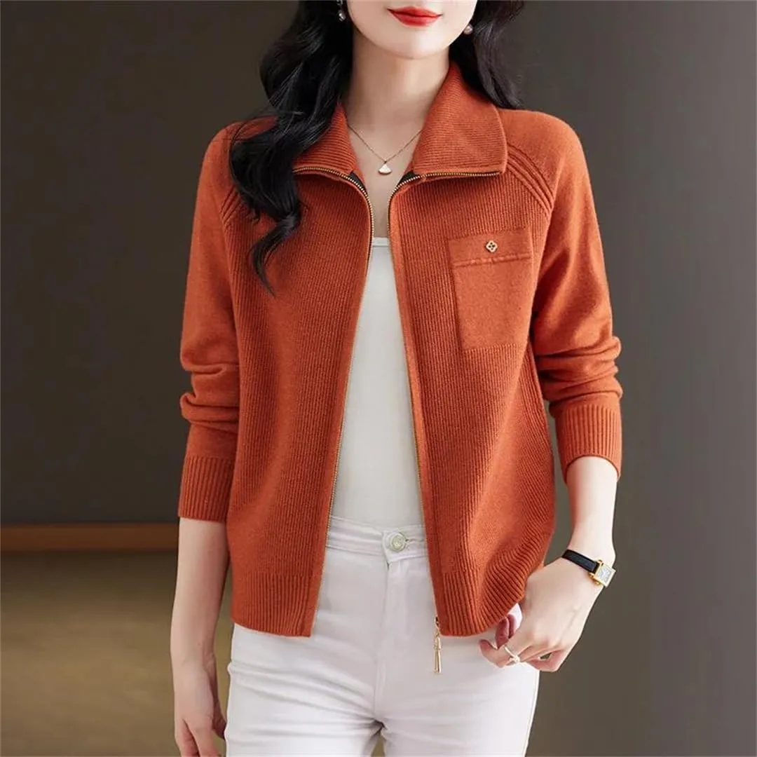 Women's Spring Autumn Zipper Lapel Knitting Sweater Cardigan Long Sleeve Elegant Loose Knitwear Jacket Tops