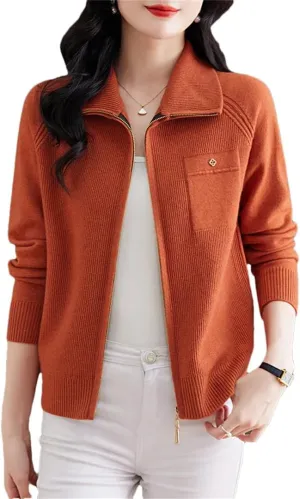 Women's Spring Autumn Zipper Lapel Knitting Sweater Cardigan Long Sleeve Elegant Loose Knitwear Jacket Tops