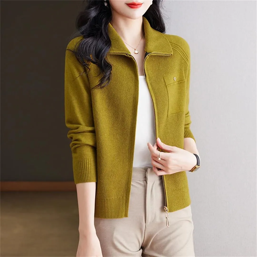 Women's Spring Autumn Zipper Lapel Knitting Sweater Cardigan Long Sleeve Elegant Loose Knitwear Jacket Tops