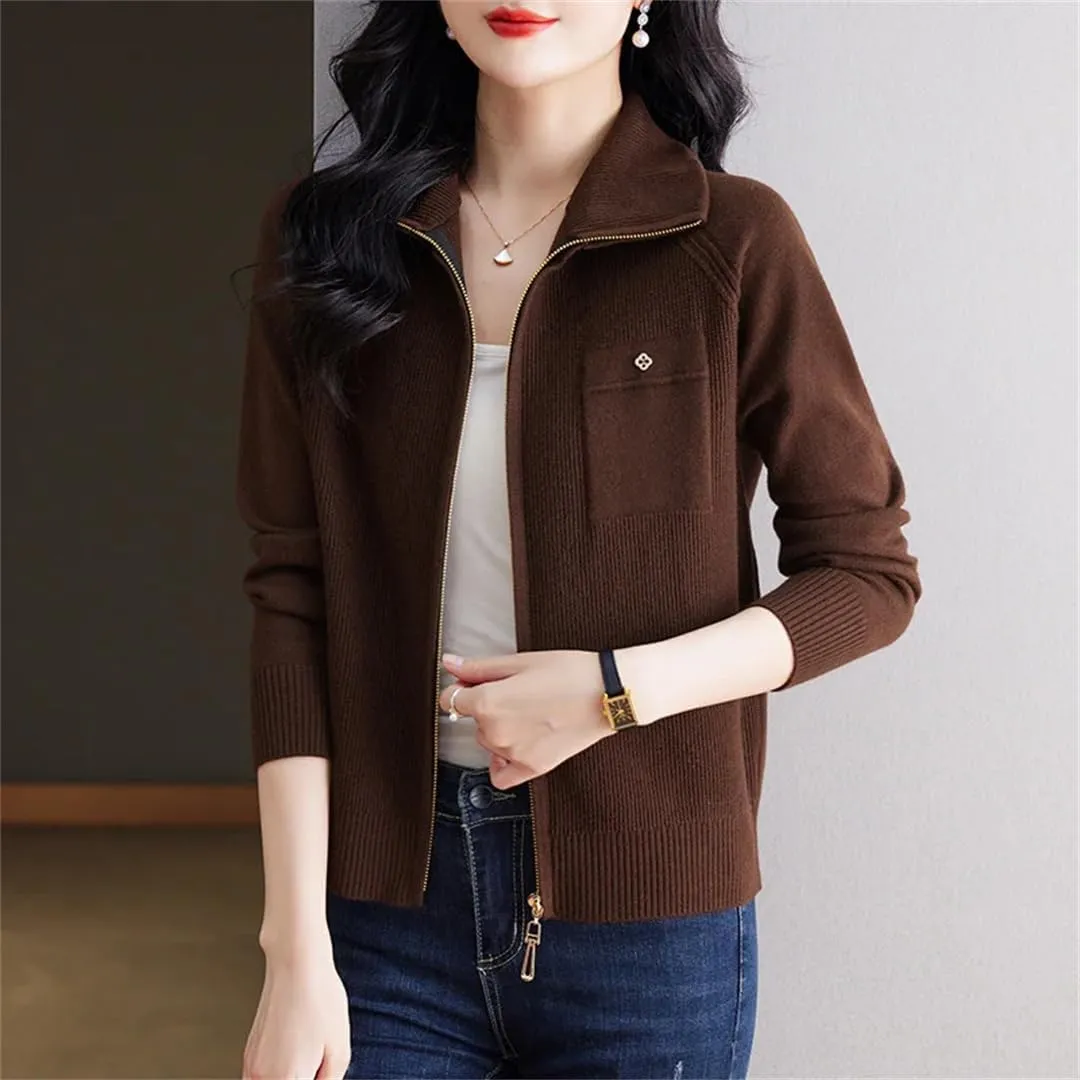 Women's Spring Autumn Zipper Lapel Knitting Sweater Cardigan Long Sleeve Elegant Loose Knitwear Jacket Tops