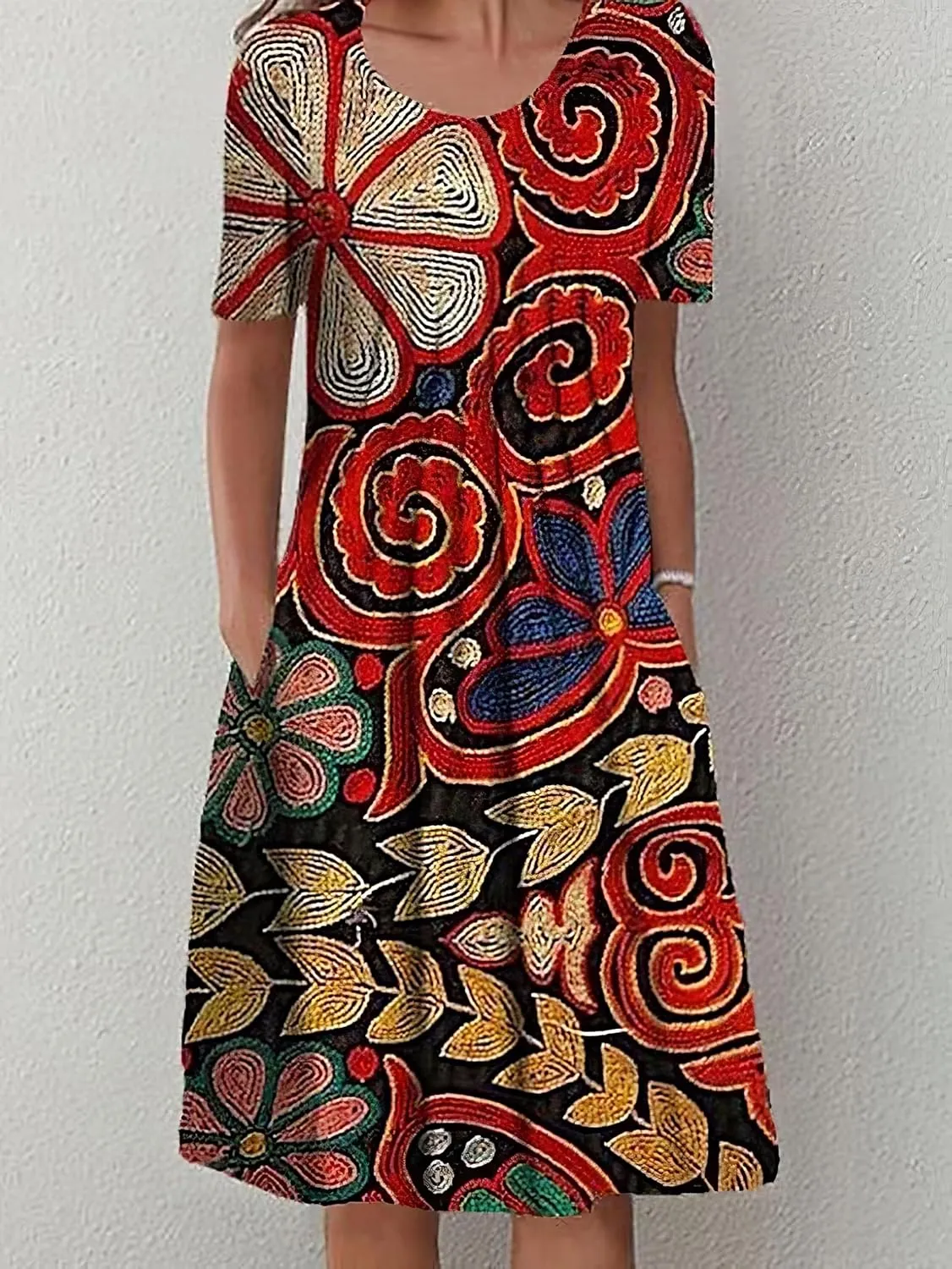Women's Summer Boho Floral Print Sundress with Pockets 2024 Spring Casual Short Sleeve Crewneck Plus Size Beach Dress