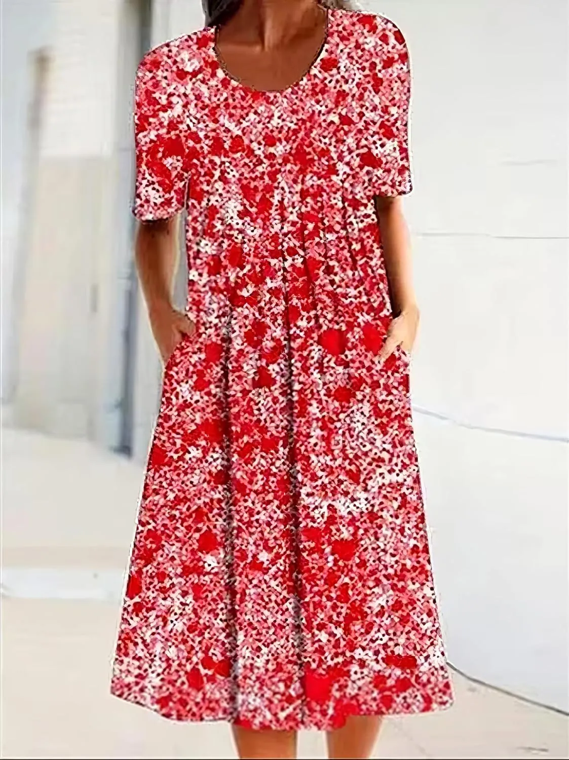Women's Summer Boho Floral Print Sundress with Pockets 2024 Spring Casual Short Sleeve Crewneck Plus Size Beach Dress