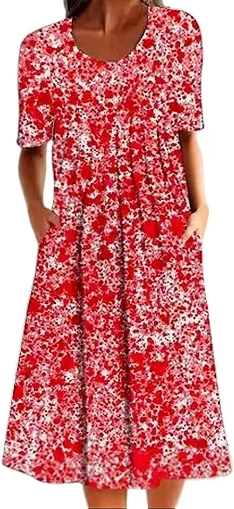 Women's Summer Boho Floral Print Sundress with Pockets 2024 Spring Casual Short Sleeve Crewneck Plus Size Beach Dress