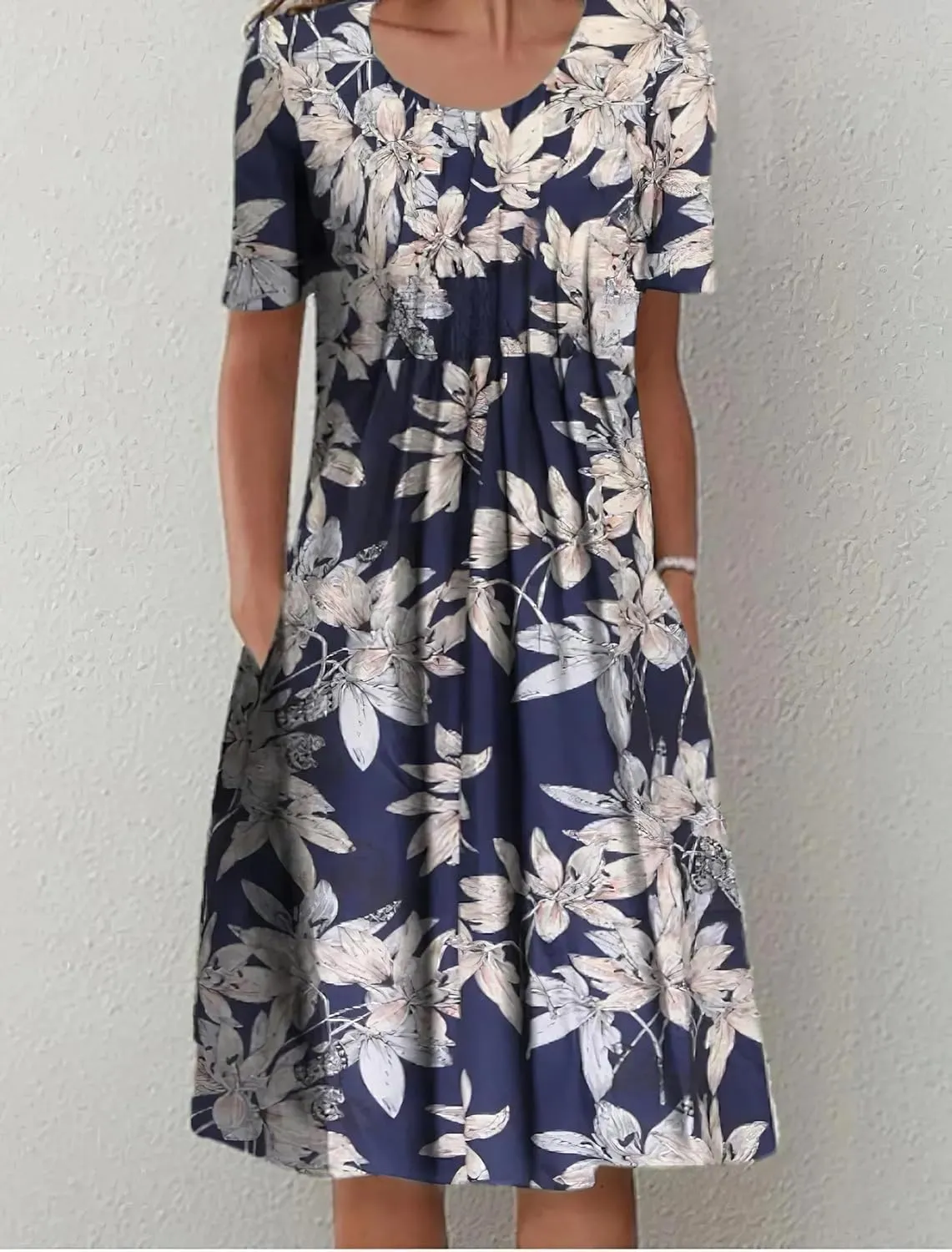 Women's Summer Boho Floral Print Sundress with Pockets 2024 Spring Casual Short Sleeve Crewneck Plus Size Beach Dress