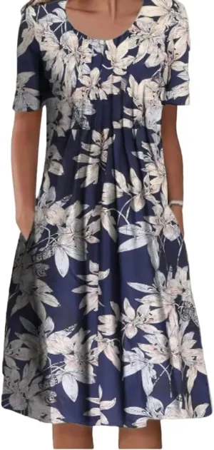Women's Summer Boho Floral Print Sundress with Pockets 2024 Spring Casual Short Sleeve Crewneck Plus Size Beach Dress