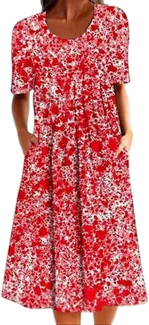 Women's Summer Boho Floral Print Sundress with Pockets 2024 Spring Casual Short Sleeve Crewneck Plus Size Beach Dress