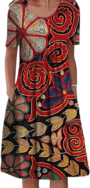 Women's Summer Boho Floral Print Sundress with Pockets 2024 Spring Casual Short Sleeve Crewneck Plus Size Beach Dress