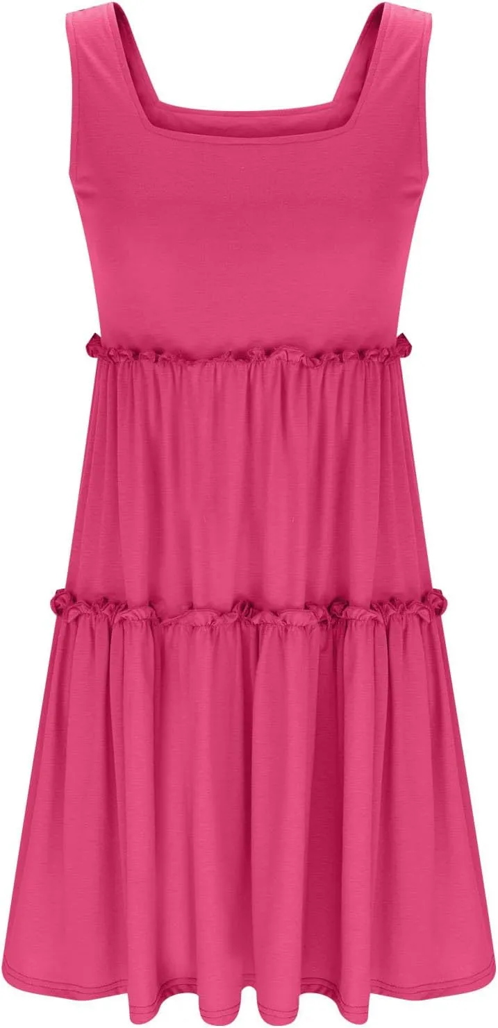 Womens Summer Dresses 2025 Sleeveless Square Neck Smocked Ruffle Tiered Casual Swing Mini Dress Beach Boho Sundress