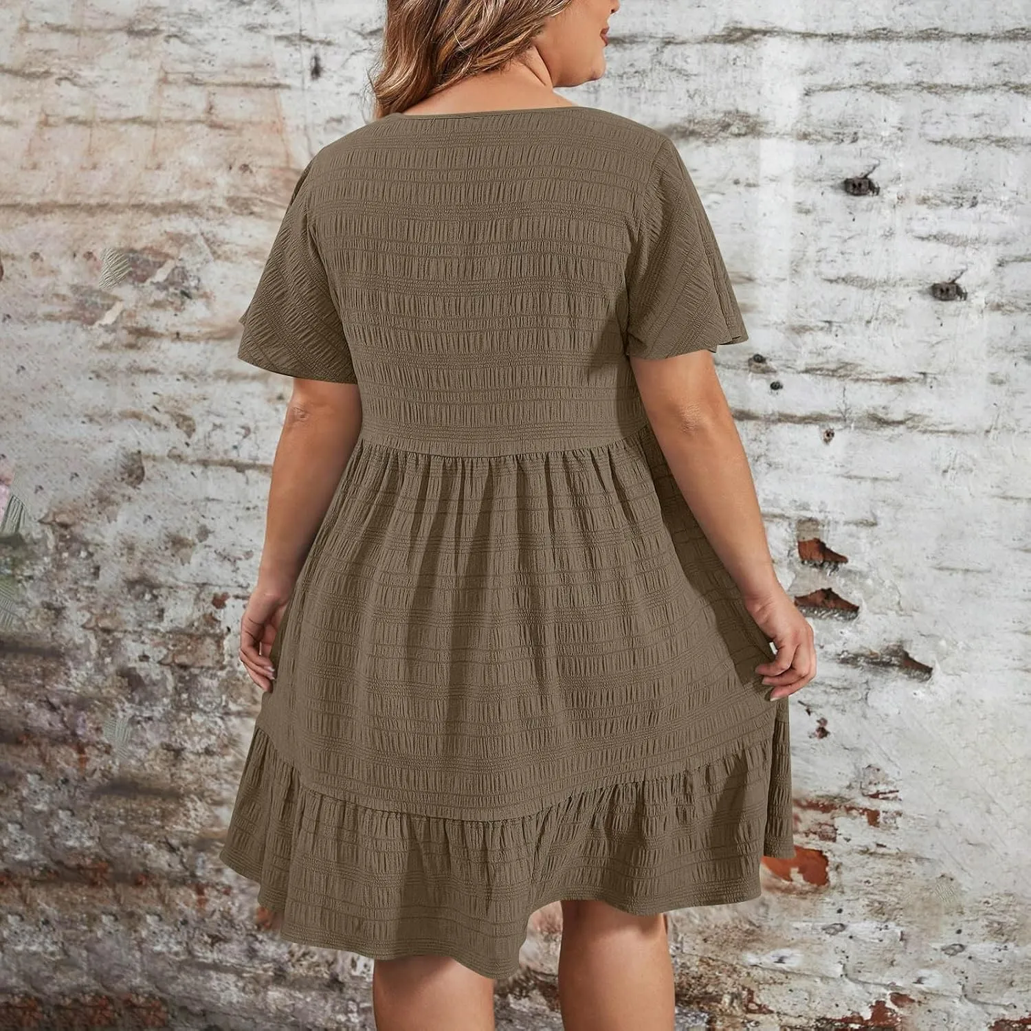 Womens Summer Dresses Fashion Plus Size Ruffle Short Sleeve Crewneck Midi Dress Casual Party Beach Vacation Dresses