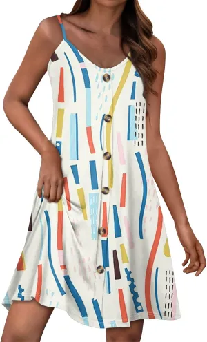 Womens Summer Dresses Flowy Beach Sundresses Button Floral Sleeveless Beach Cover Up Spaghetti Strap Casual Mini Dress
