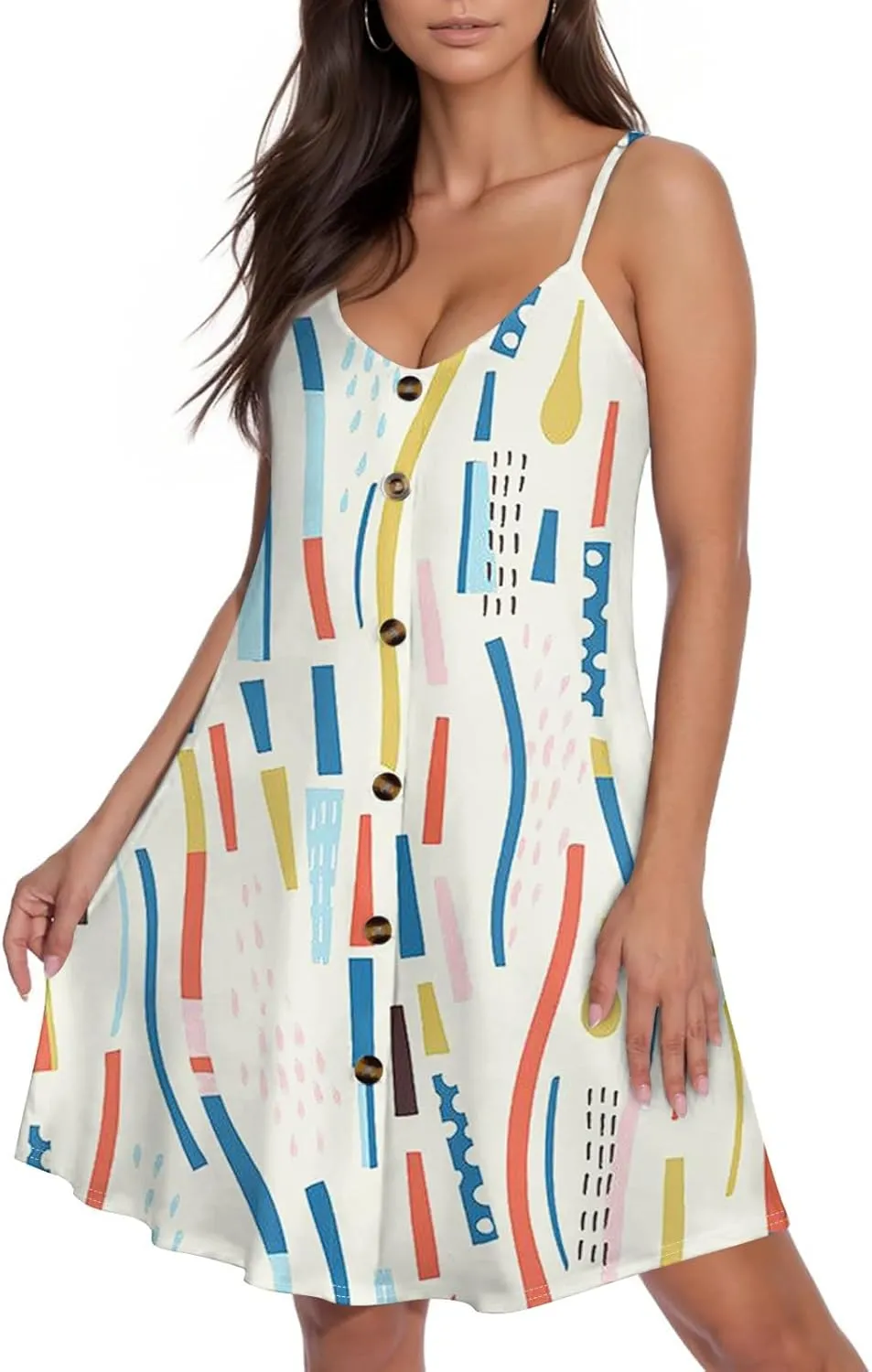 Womens Summer Dresses Flowy Beach Sundresses Button Floral Sleeveless Beach Cover Up Spaghetti Strap Casual Mini Dress