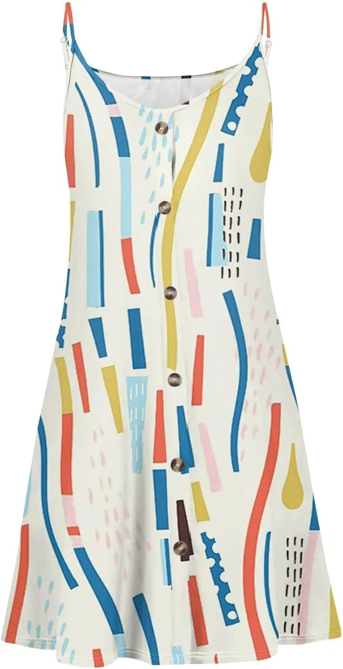 Womens Summer Dresses Flowy Beach Sundresses Button Floral Sleeveless Beach Cover Up Spaghetti Strap Casual Mini Dress