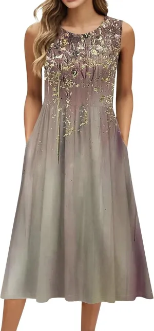 Womens Summer Dresses Loose A-Line Sundresses Flowy Beach Tshirt Tank Dresses Floral Sleeveless Mid Dress with Pockets