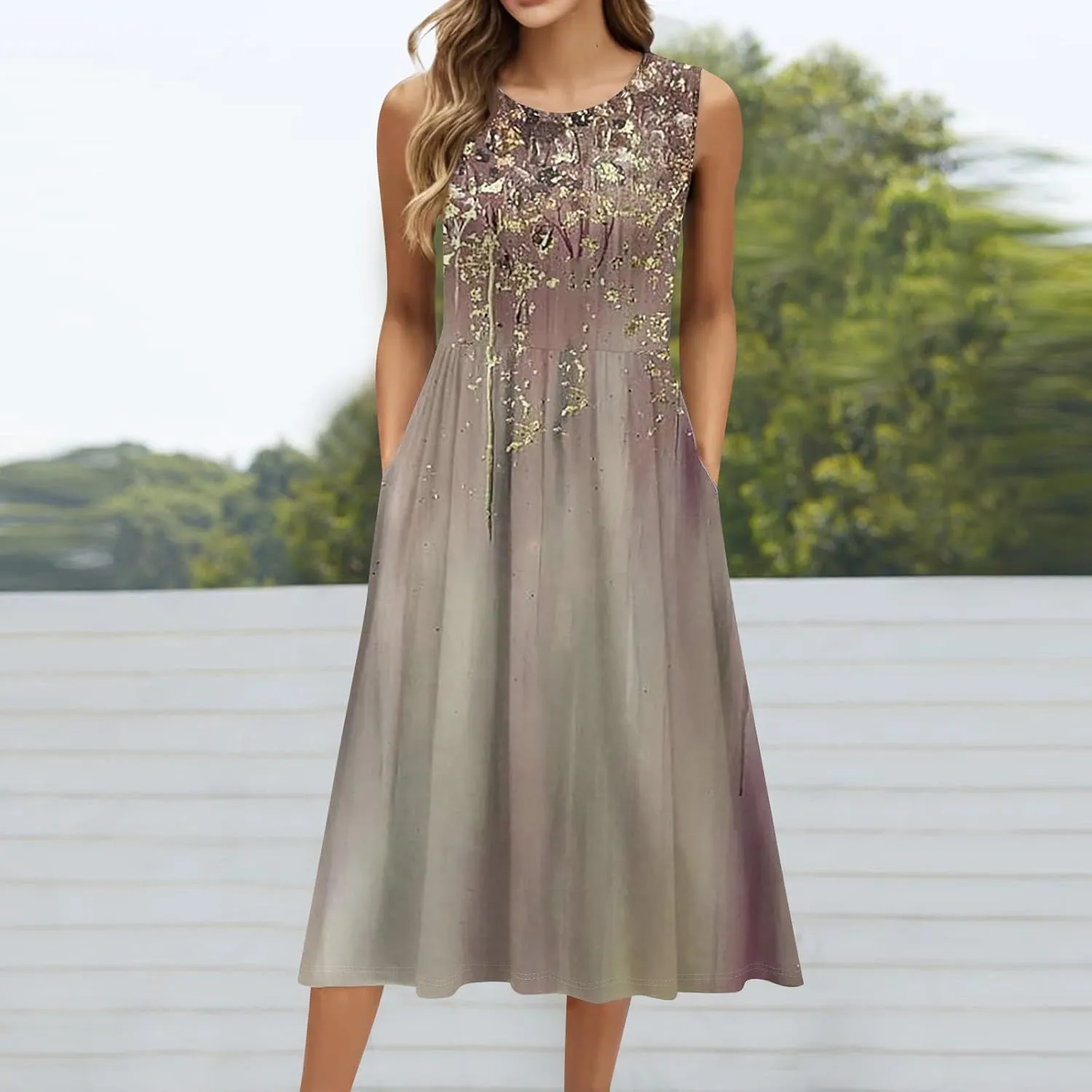 Womens Summer Dresses Loose A-Line Sundresses Flowy Beach Tshirt Tank Dresses Floral Sleeveless Mid Dress with Pockets