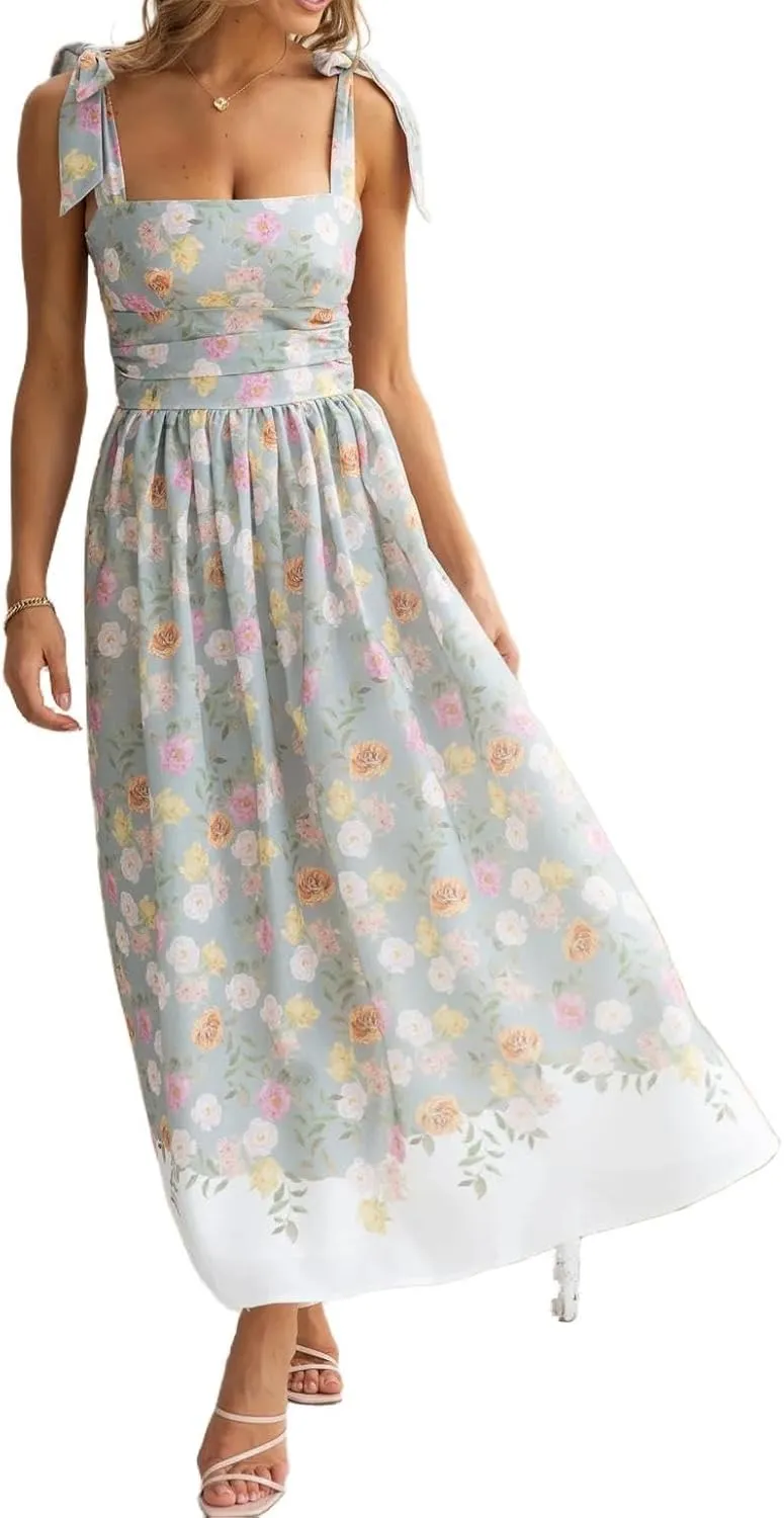Womens Tie Shoulder Boho Maxi Dress Sleeveless Empire Waist Floral Flowy Long Smocked Dresses Summer Beach Sundress