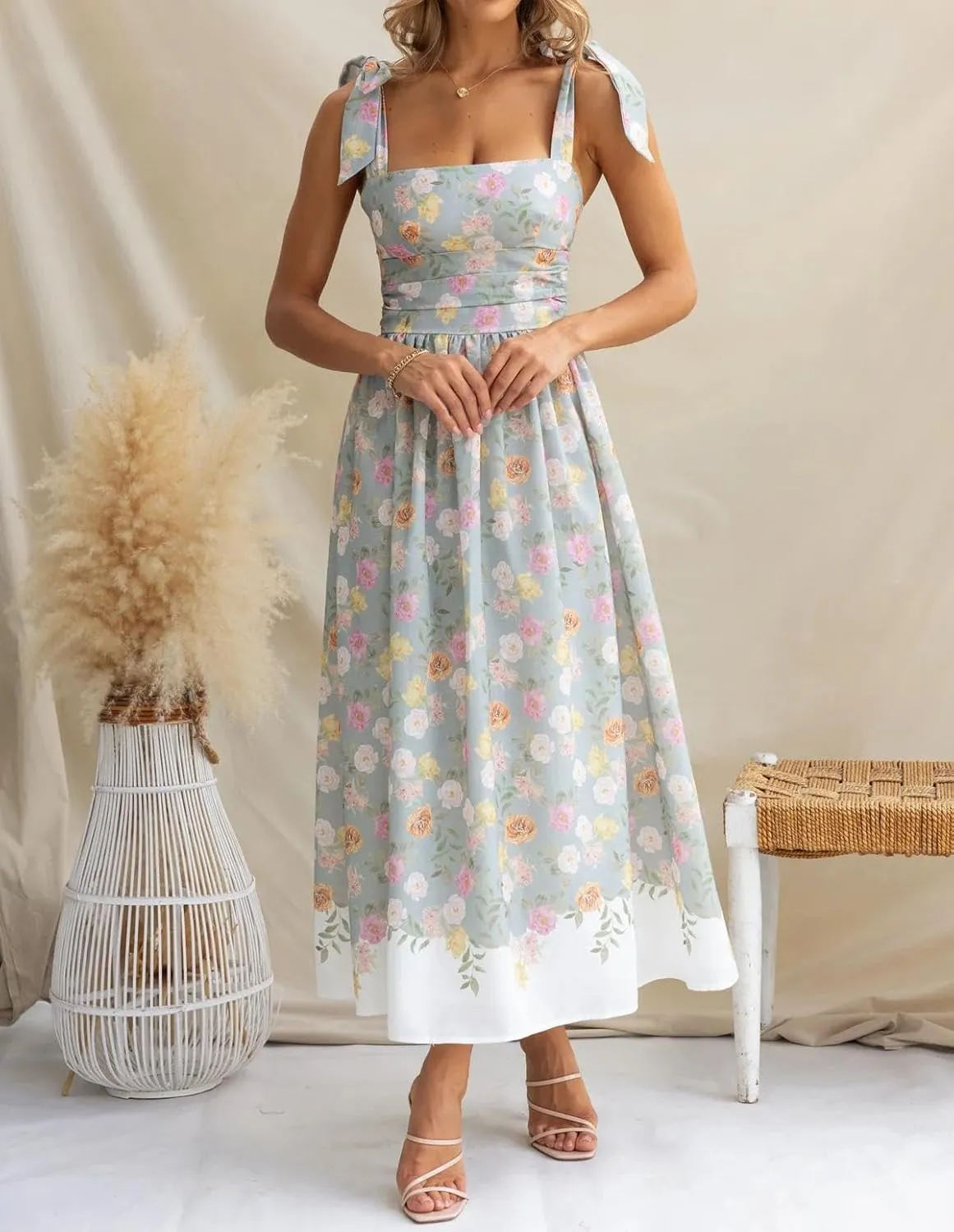 Womens Tie Shoulder Boho Maxi Dress Sleeveless Empire Waist Floral Flowy Long Smocked Dresses Summer Beach Sundress