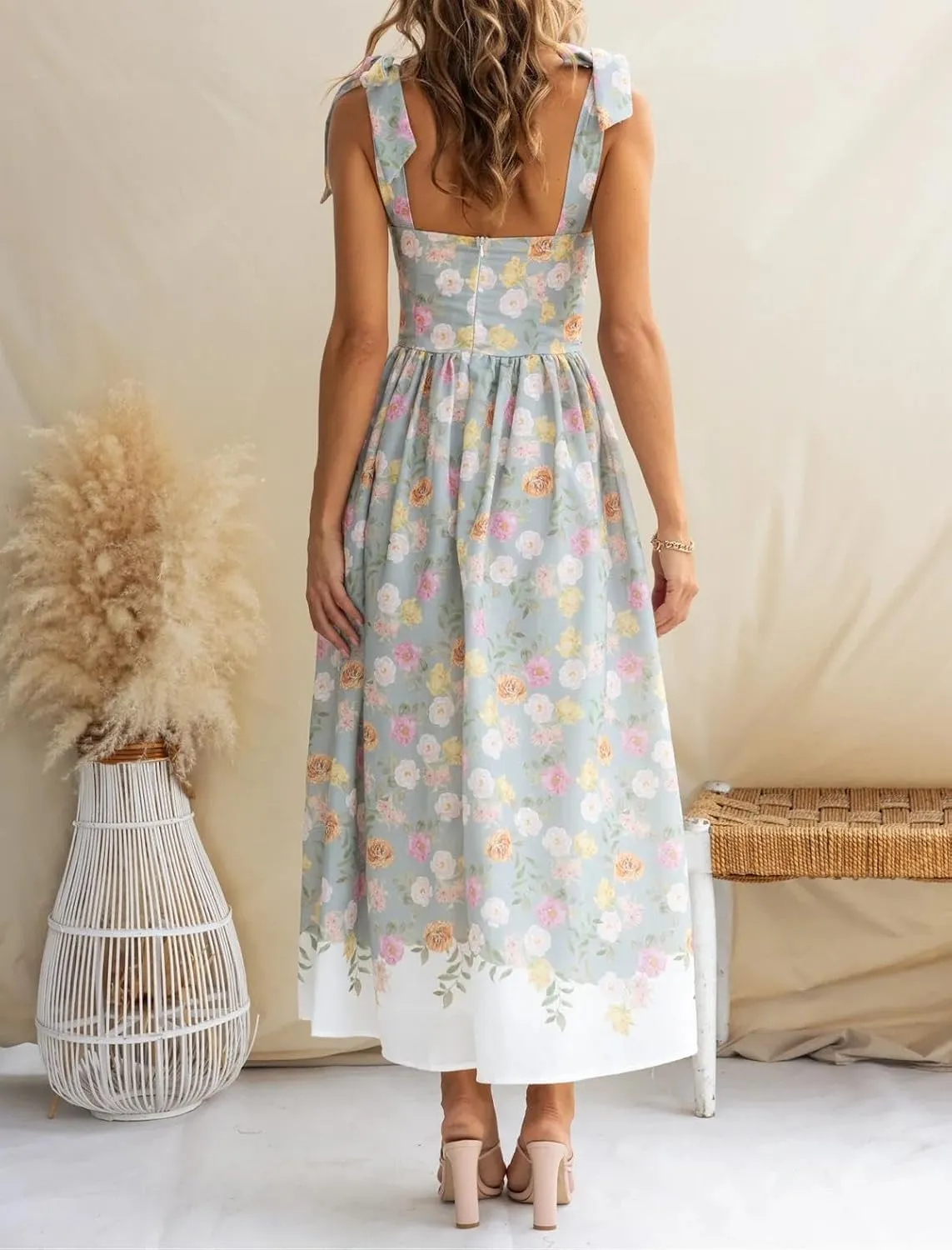 Womens Tie Shoulder Boho Maxi Dress Sleeveless Empire Waist Floral Flowy Long Smocked Dresses Summer Beach Sundress