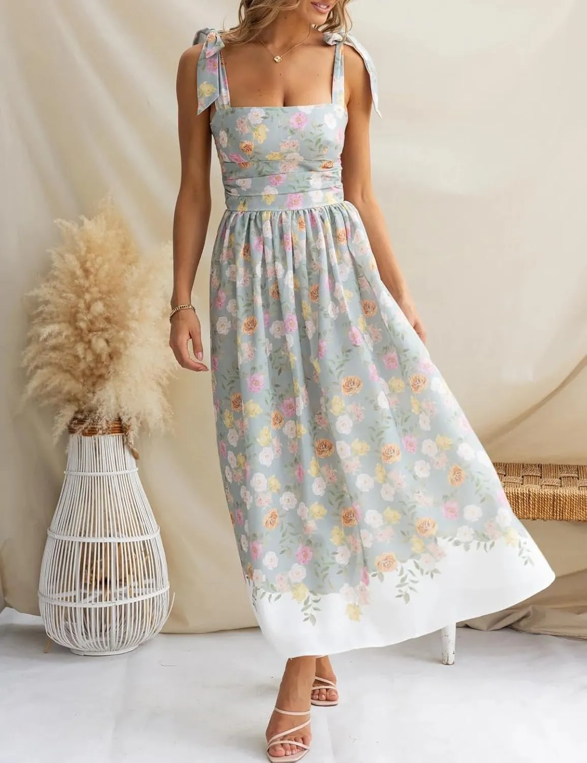 Womens Tie Shoulder Boho Maxi Dress Sleeveless Empire Waist Floral Flowy Long Smocked Dresses Summer Beach Sundress