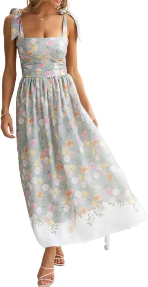 Womens Tie Shoulder Boho Maxi Dress Sleeveless Empire Waist Floral Flowy Long Smocked Dresses Summer Beach Sundress