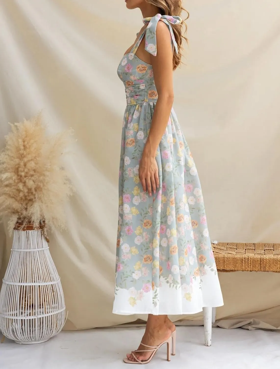 Womens Tie Shoulder Boho Maxi Dress Sleeveless Empire Waist Floral Flowy Long Smocked Dresses Summer Beach Sundress