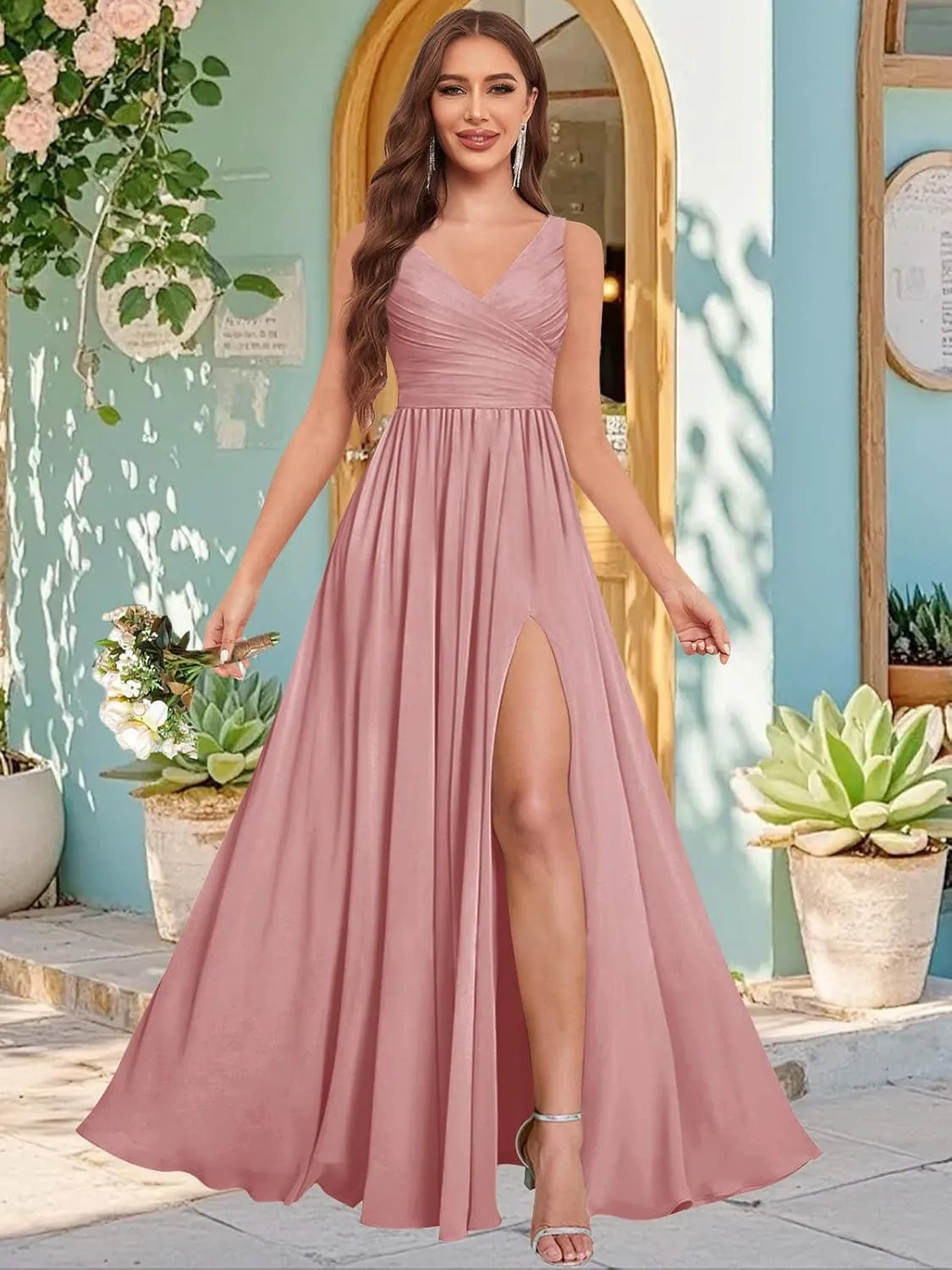 Women's V Neck Bridesmaid Dresses for Wedding with Slit Chiffon Pleated Formal Evening Gowns