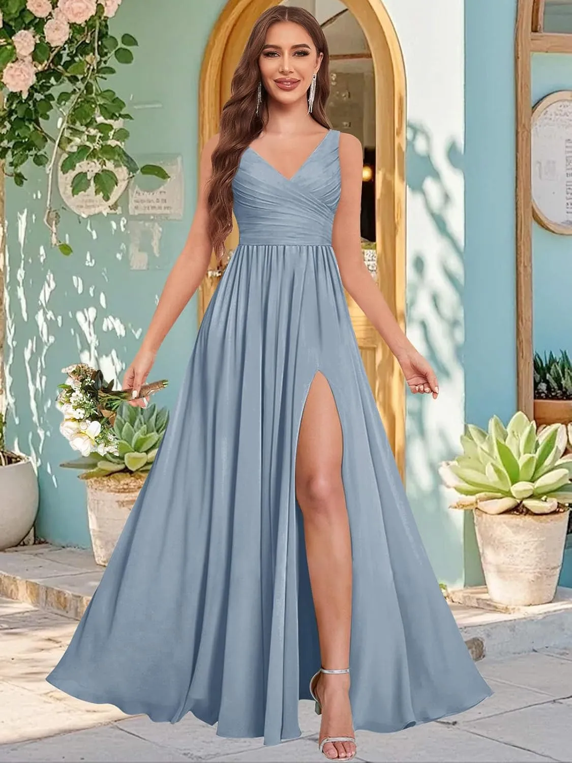 Women's V Neck Bridesmaid Dresses for Wedding with Slit Chiffon Pleated Formal Evening Gowns